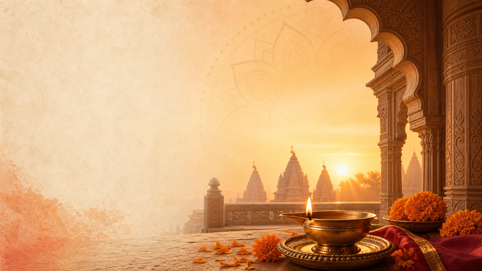 दीप, झेंडूची फुले आणि मंदिर स्थापत्याचे शांत भक्तिमय दृश्य